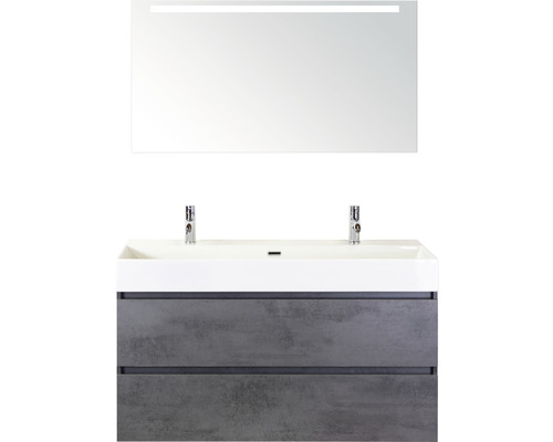 Badmöbel-Set Maxx XL 120 cm mit Keramikwaschtisch 2 Hahnlöcher und Spiegel mit LED-Beleuchtung Beton anthrazit