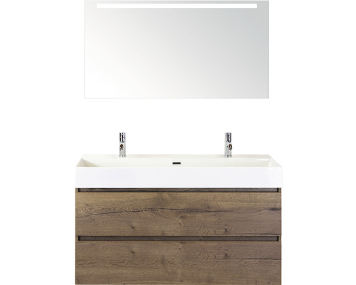 Ensemble de meubles de salle de bains Maxx XL 120 cm avec lavabo en pierre naturelle 2 trous pour robinetterie et miroir avec éclairage LED Tabacco