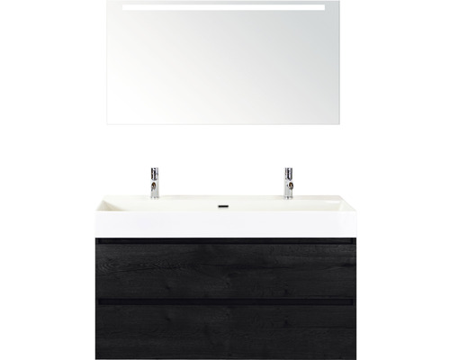 Waschtisch mit zwei Becken, Unterschrank und LED Spiegel für das Badezimmer