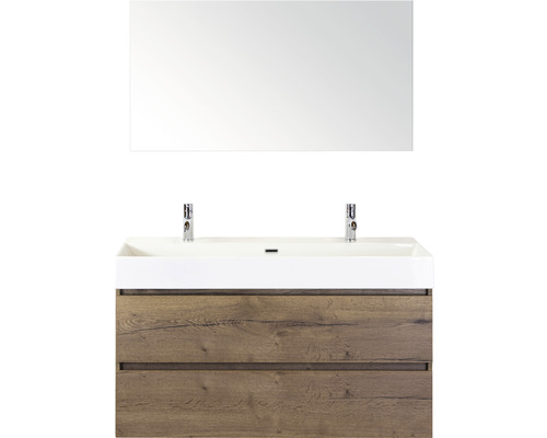 Ensemble de meubles de salle de bains Maxx XL 120 cm avec lavabo en pierre naturelle 2 trous pour robinetterie et miroir Tabacco