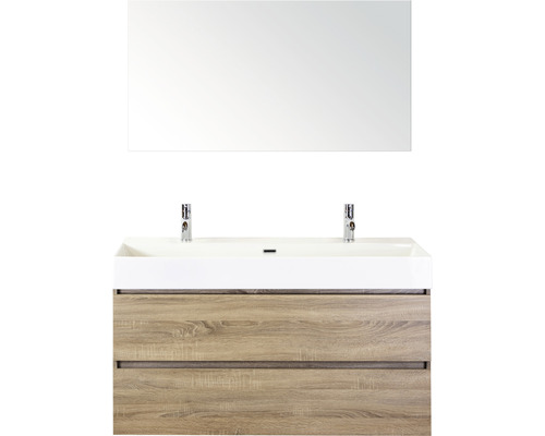 Ensemble de meubles de salle de bains Maxx XL 120 cm avec lavabo en pierre naturelle 2 trous pour robinetterie et miroir chêne gris