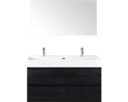 Badmöbel-Set Sanox Maxx XL Frontfarbe black oak BxHxT 121 x 170 x 45,5 cm mit Keramik-Doppelwaschtisch und Spiegel Badmöbel-Set Sanox Maxx XL Frontfarbe black oak BxHxT 121 x 170 x 45,5 cm mit Keramik-Doppelwaschtisch und Spiegel