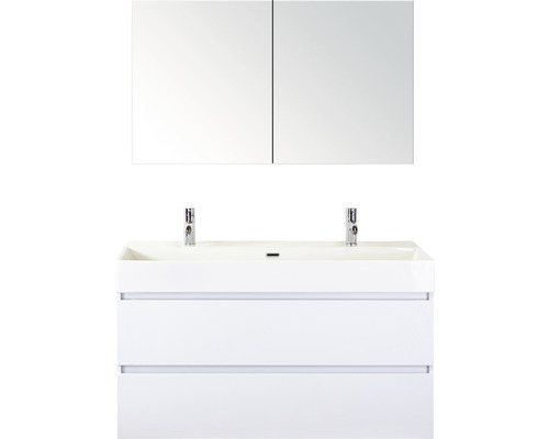 Badmöbel-Set Maxx XL 120 cm mit Keramikwaschtisch 2 Hahnlöcher und Spiegelschrank weiß hochglanz