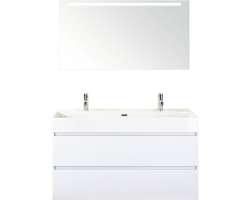 Ensemble de meubles de salle de bains Maxx XL 120 cm avec lavabo en céramique 2 trous pour robinetterie et miroir avec éclairage LED blanc à haute brillance