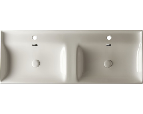 Double vasque en céramique avec deux trous de robinet et trop-pleins