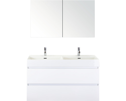 Ensemble de meubles de salle de bains Maxx XL 120 cm avec lavabo double en céramique modèle 2 et armoire de toilette blanc à haute brillance