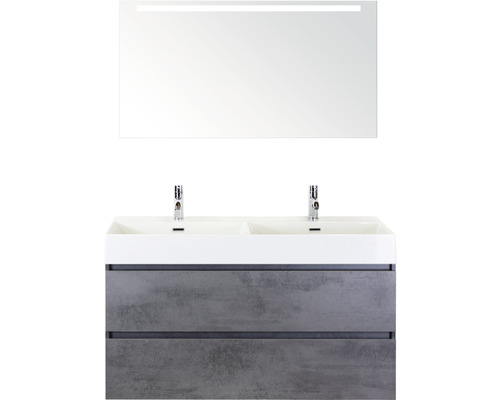 Ensemble de meubles de salle de bains Maxx XL 120 cm avec lavabo double en céramique modèle 2 et miroir avec éclairage LED béton anthracite