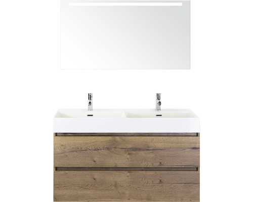Ensemble de meubles de salle de bains Maxx XL 120 cm avec lavabo double en céramique et miroir avec éclairage LED Tabacco