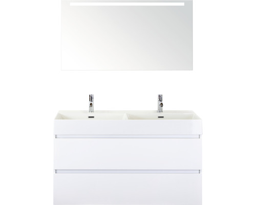 Ensemble de meubles de salle de bains Maxx XL 120 cm avec lavabo double en céramique modèle 2 et miroir avec éclairage LED blanc à haute brillance