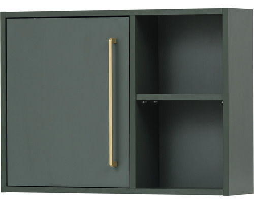 Armoire murale avec une porte, une poignée dorée et deux étagères ouvertes