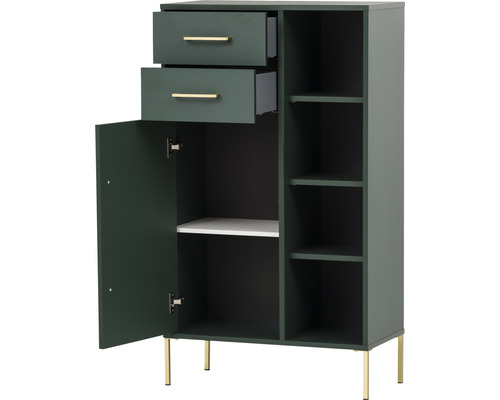 Grüner Schrank mit Schubladen, Tür und Regalen