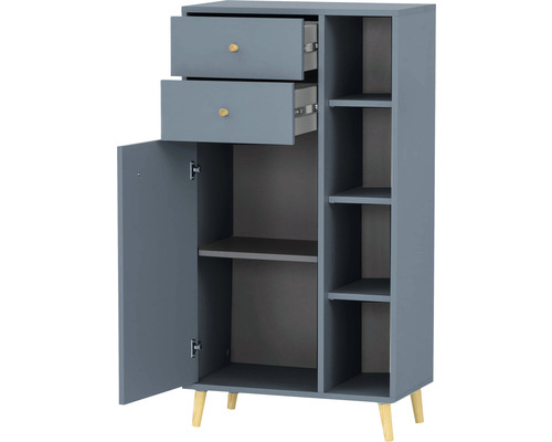 Armoire multifonctionnelle grise avec deux tiroirs, une porte et des étagères ouvertes