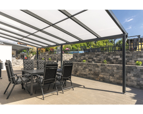 Toiture de terrasse gutta Premium polycarbonate transparent 712 x 506 cm anthracite