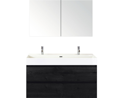 Combinaison de lavabo avec miroir, lavabo, meuble sous-lavabo et deux robinets