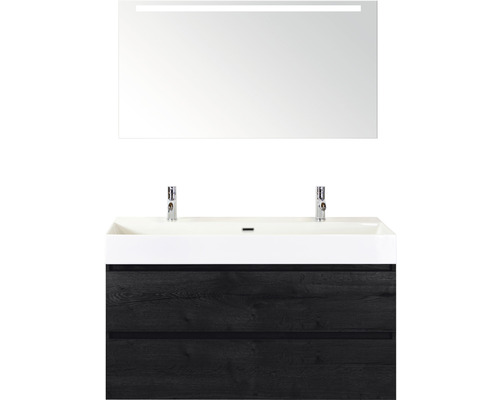 Badmöbel-Set Sanox Maxx XL Frontfarbe black oak BxHxT 121 x 183 x 45,5 cm mit Keramik-Doppelwaschtisch und Spiegel mit LED-Beleuchtung
