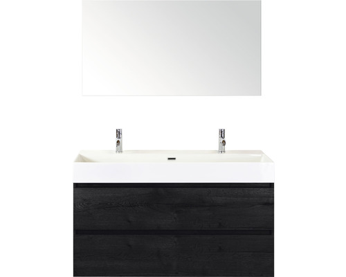 Meuble-lavabo avec double vasque, miroir et meuble bas avec tiroirs