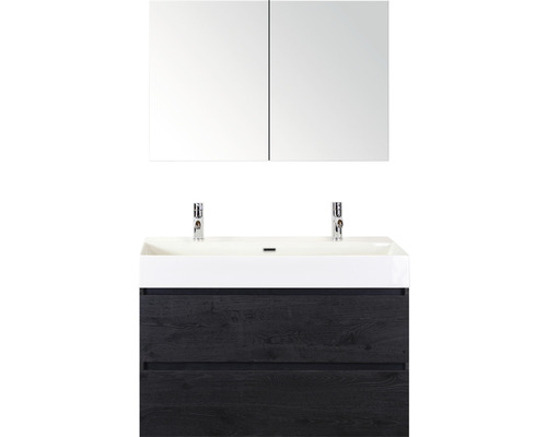 Ensemble de meubles de salle de bains Sanox Maxx XL couleur de façade black oak lxhxp 101 x 170 x 45,5 cm avec double vasque en céramique et armoire de toilette