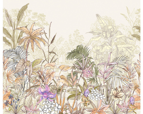 Papier peint panoramique intissé IF3-040 Humided Heat 3 pces 300 x 250 cm Illustration de plantes et de fleurs tropicales comme décoration murale