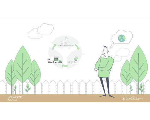 Illustration sur la durabilité de Condor Grass avec un homme, des arbres et un graphique circulaire