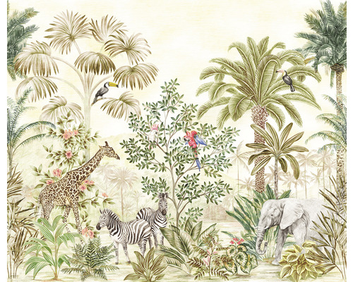 Papier peint panoramique intissé IF3-046 Wild Wonderland 3 pces 300 x 250 cm Papier peint jungle avec éléphant, girafe, zèbres, toucans, perroquets et palmiers