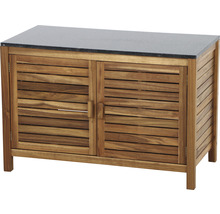 Meuble bas en bois avec deux portes et plateau en pierre