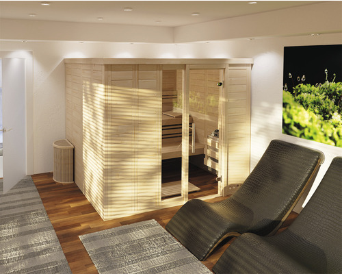 Sauna en rondins Roro ABN K402117 sans poêle avec couronne de toit et avec porte en verre, transparent