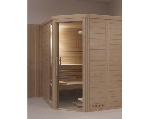 Sauna en rondins Roro ABN K402121 angle sans poêle avec couronne de toit et avec porte en verre, transparent