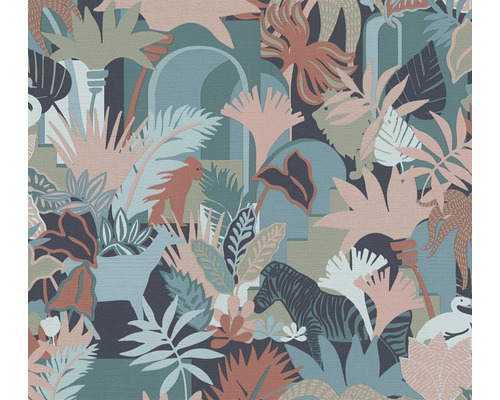 Papier peint intissé 39096-3 Antigua feuilles de la jungle bleu Papier peint à motif de jungle avec animaux et plantes