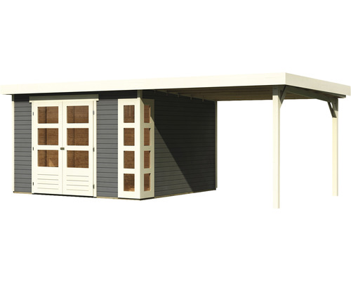 Maison de jardin en bois avec double porte et abri voiture latéral