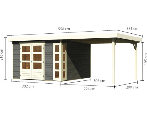 Image d''un abri de jardin avec carport et indications de dimensions