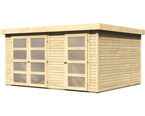 Abri de jardin en bois avec fenêtres dans les portes.