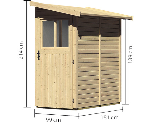 Holzgartenhaus mit Tür, Fenster und Massangaben