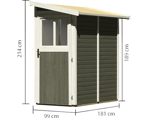 Gartenhaus aus Holz mit Tür, Fenster und Maßangaben
