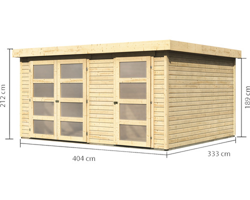 Abri de jardin en bois avec portes fenêtres et indications de dimensions
