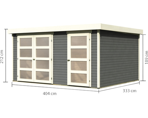 Abri de jardin avec deux portes et indications de dimensions