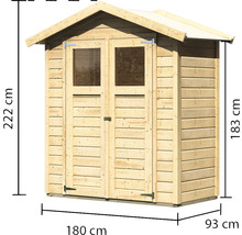 Gartengerätehaus aus Holz mit Doppeltür und Fenster sowie Massangaben