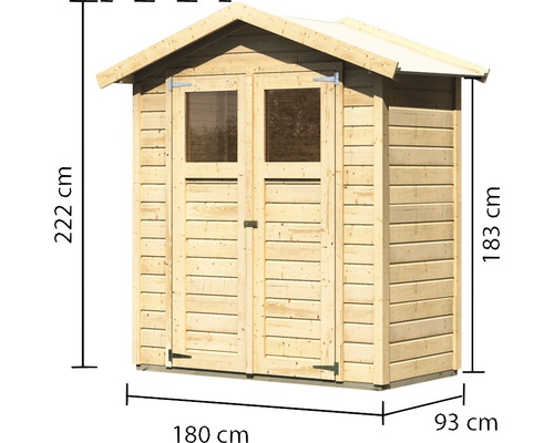 Gartengerätehaus aus Holz mit Doppeltür und Fenster sowie Massangaben