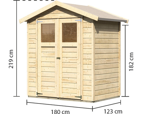 Holzgartenhaus mit Doppeltür und den Maßen 219 cm Höhe, 180 cm Breite und 123 cm Tiefe.