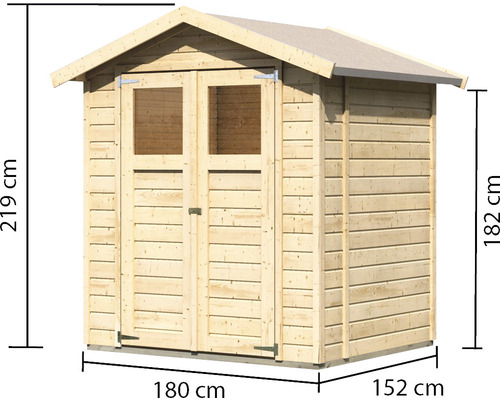 Abri de jardin en bois avec porte et fenêtres, dimensions 180 x 152 x 219 centimètres