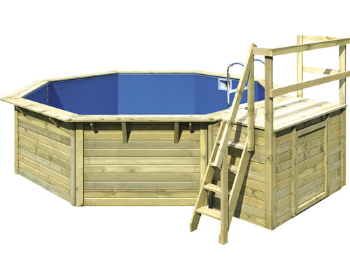 Piscine hors sol ensemble de piscine en bois Karibu X2 octogonale Ø 427,5x121 cm avec liner bleu et échelle avec plateforme