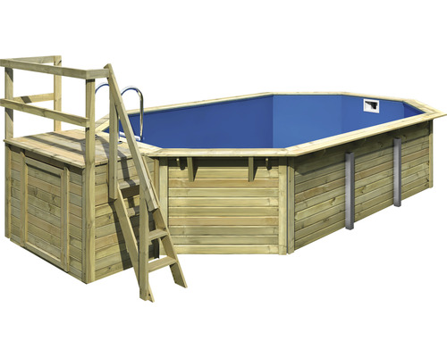 Piscine hors sol ensemble de piscine en bois Karibu X4 octogonale 357,5x568,5x121 cm avec liner bleu et échelle avec plateforme