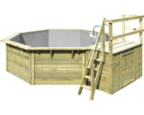 Piscine hors sol ensemble de piscine en bois Karibu X2 octogonale Ø 427,5x121 cm avec liner gris et échelle avec plateforme
