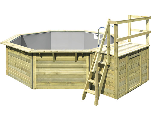 Aufstellpool Holzpool-Set Karibu X2 achteckig Ø 427,5x121 cm inkl. Innenauskleidung grau & Leiter mit Plattform