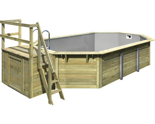 Piscine hors sol ensemble de piscine en bois Karibu X4 octogonale 357,5x568,5x121 cm avec liner gris et échelle avec plateforme