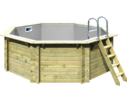 Piscine hors sol ensemble de piscine en bois Karibu Variante A octogonale Ø 358x124 cm avec liner gris et échelle