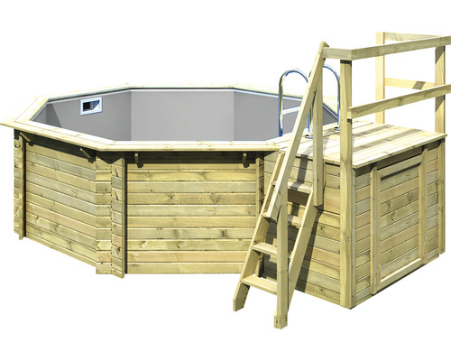 Piscine hors sol ensemble de piscine en bois Karibu Variante B octogonale Ø 358x124 cm avec liner gris et échelle avec plateforme