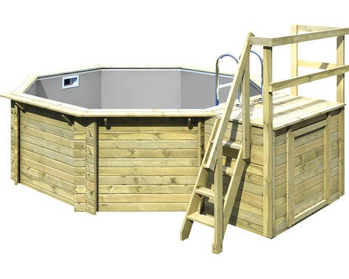 Aufstellpool Holzpool-Set Karibu Variante B achteckig Ø 358x124 cm inkl. Innenauskleidung grau & Leiter mit Plattform