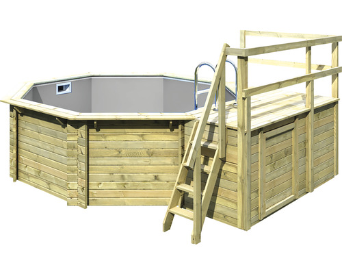 Piscine hors sol ensemble de piscine en bois Karibu Variante C octogonale Ø 358x124 cm avec liner gris et échelle avec plateforme