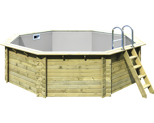 Piscine hors sol ensemble de piscine en bois Karibu Variante A octogonale Ø 428x124 cm avec liner gris et échelle