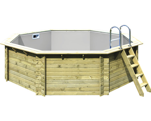 Aufstellpool Holzpool-Set Karibu Variante A achteckig Ø 428x124 cm inkl. Innenauskleidung grau & Leiter